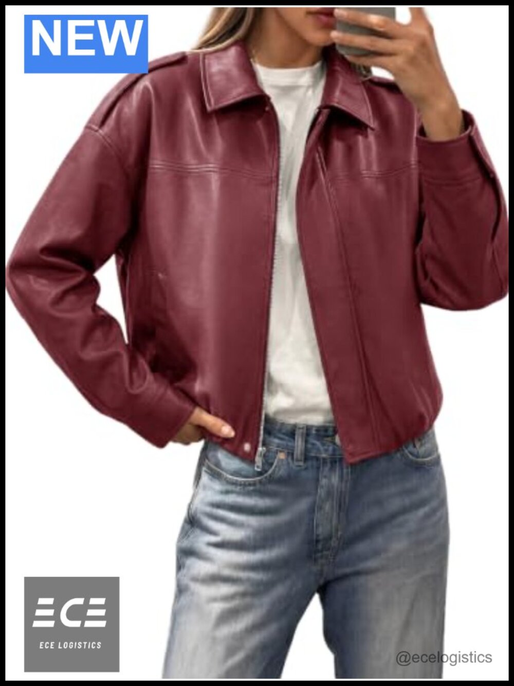 Faux Leather Cropped Bomber Jacket Oversized Zip Up